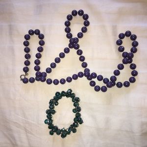 Purple bead necklace, teal bead bracelet